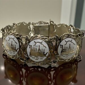 Vintage Sterling silver Indonesian white enamel boat panel bracelet stamped